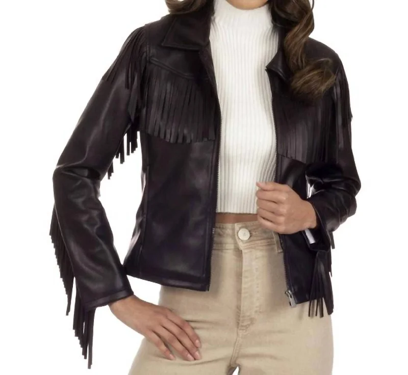 elegant long coat for women -Fringed Faux-Leather Jacket In Brown