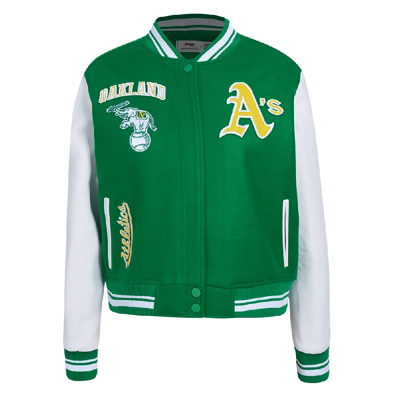 structured blazer jacket for women -MLB OAKLAND ATHLETICS RETRO CLASSIC WOMEN'S RIB WOOL VARSITY JACKET (KELLY GREEN/ WHITE)