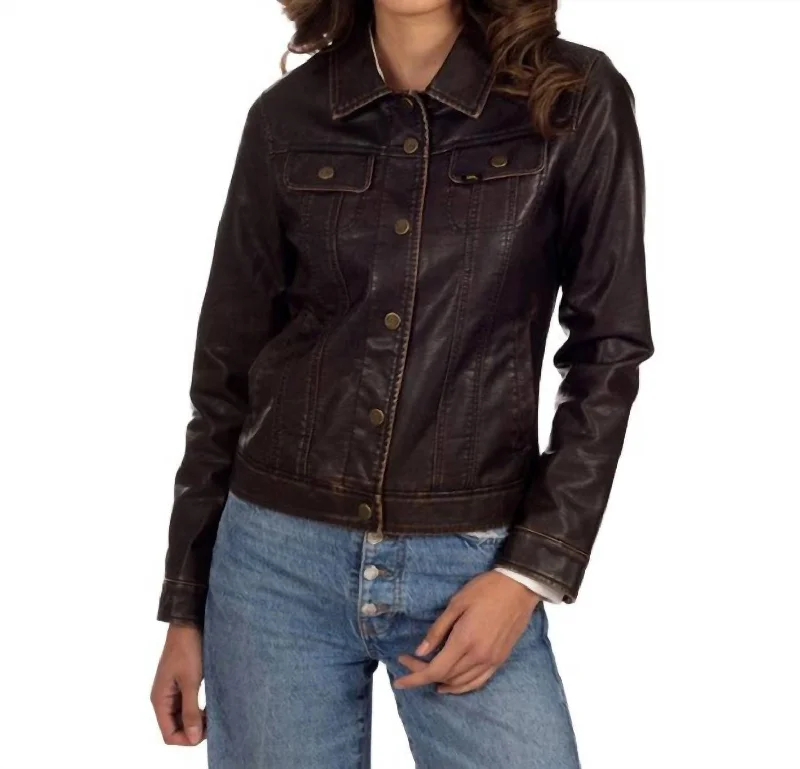 women's cropped bomber jacket -Classic Trucker Faux Fur Jacket In Brown