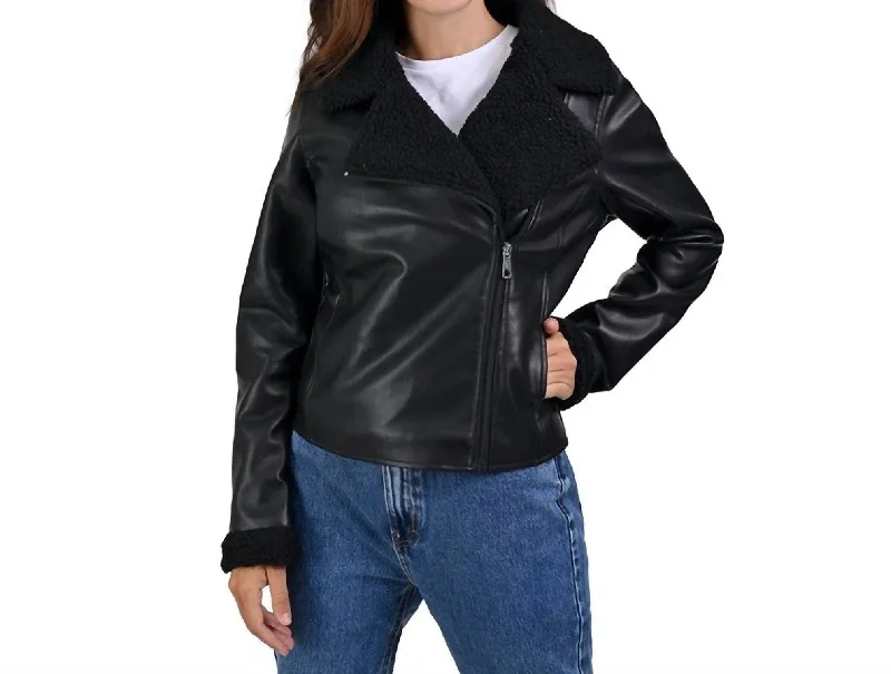 cropped wool blazer for women -Synthetic Leather Biker Jacket In Black