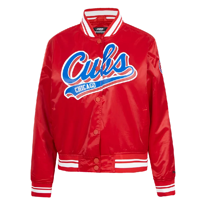 ladies' waterfall drape coat -MLB CHICAGO CUBS SCRIPT TAIL WOMEN'S SATIN JACKET (RED)