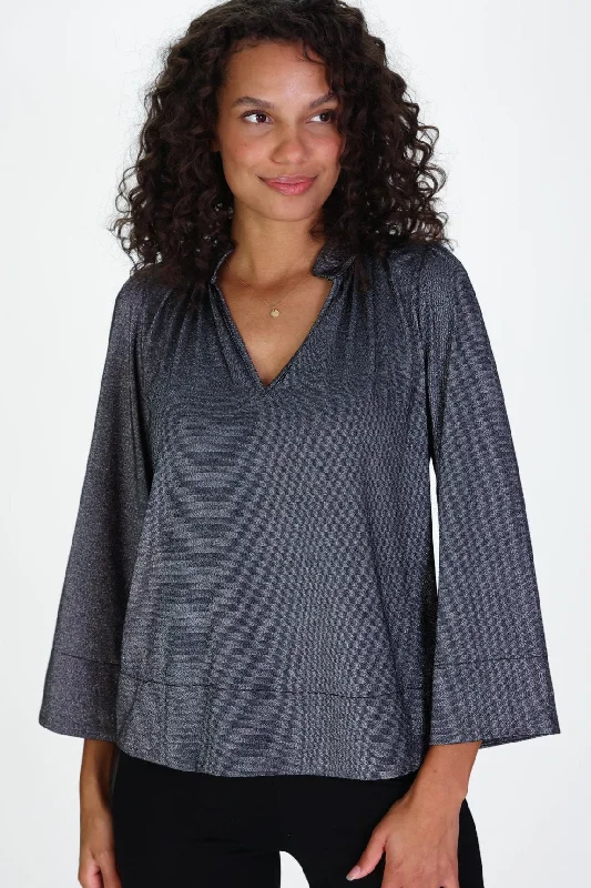 trendy gathered sleeve top for ladies -Warren Top in Black Silky Shimmer Knit