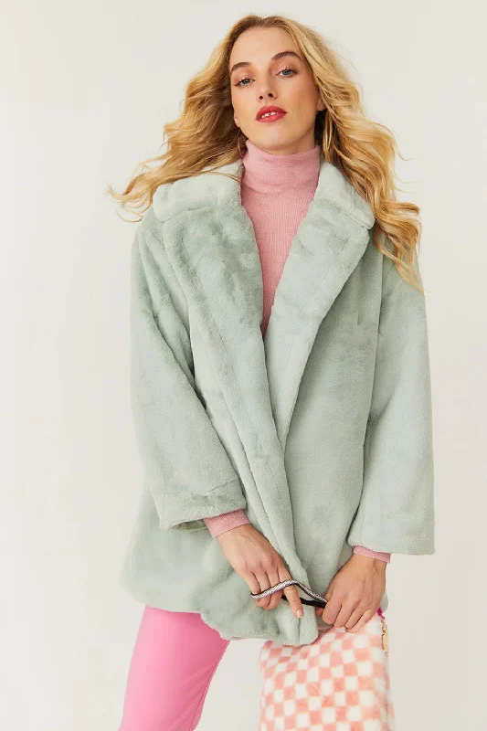 cozy teddy coat for ladies -Light Green Faux Fur Midi Coat