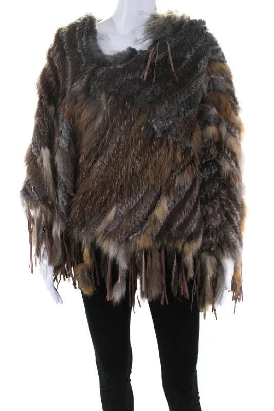 women's long trench coat -Rizal Womens Fox & Rabbit Fur Leather Fringe Poncho Brown One