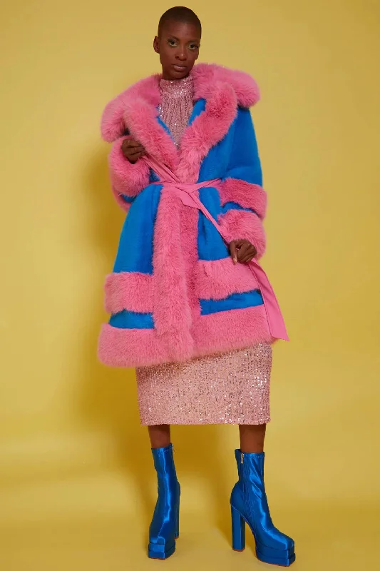 soft touch sherpa coat for women -Handmade Bamboo Pink - Blue Faux Fur Coat