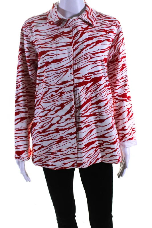 women's waterproof raincoat -Leggiadro Womens Printed Hidden Placket Button Up Jacket Red White