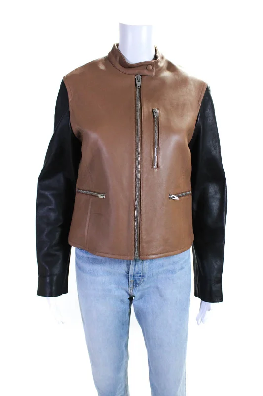 stylish leather jacket for women -Alexander Wang Womens Colorblock Long Sleeve Darted Zipped Jacket Brown