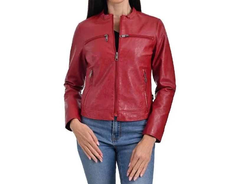 ladies' sporty windbreaker -Synthetic Leather Racer Jacket In Red