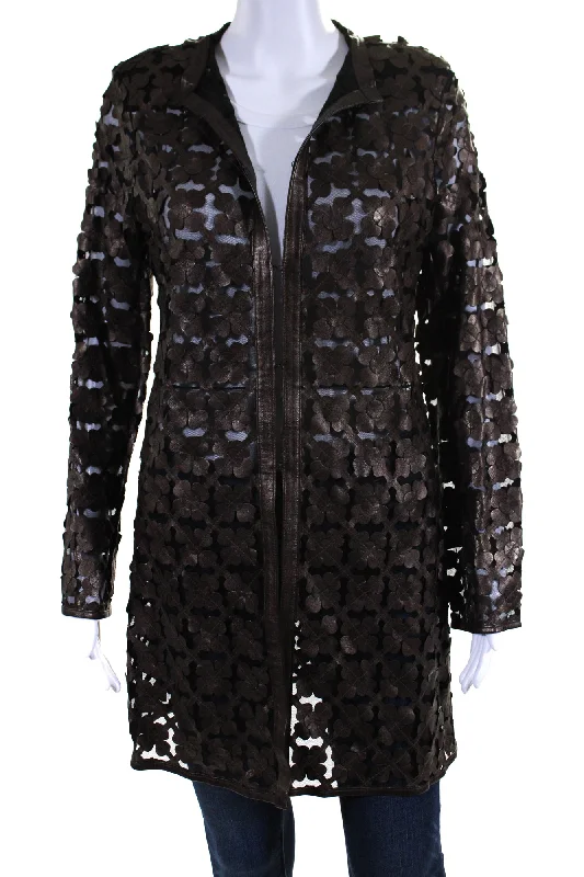 women's classic pea coat -In Transit Womens Laser Cut Metallic Mesh Leather Jacket Dark Brown Black Medium