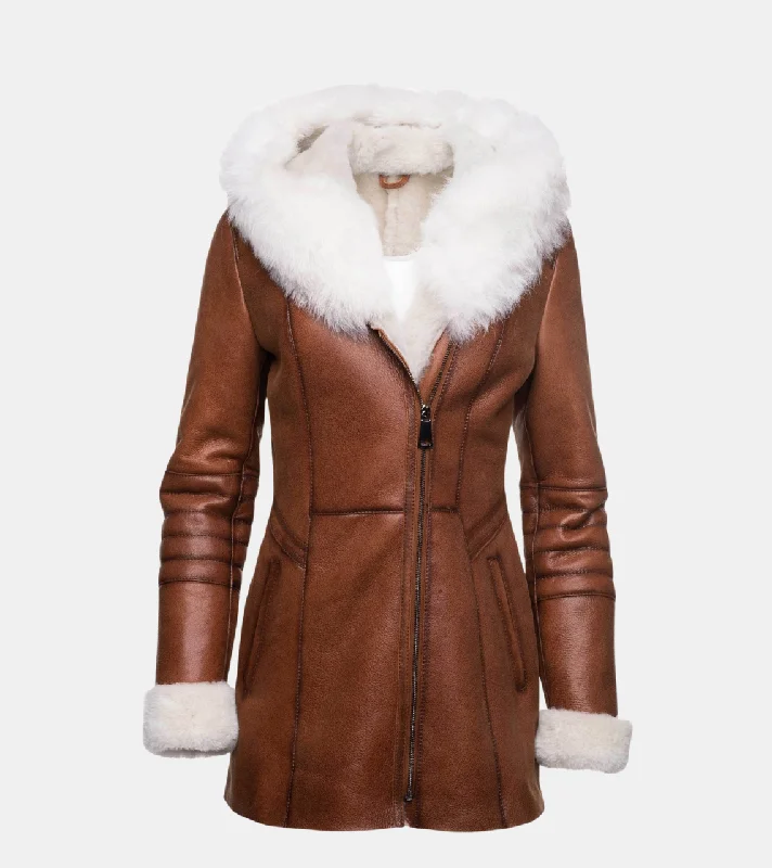 casual zip-up hoodie jacket for women -Myrtle Women's Tan Brown Hooded Shearling Leather Coat