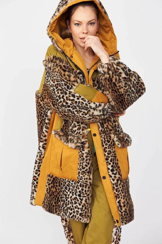 women's asymmetrical zip jacket -Leopard Print Mac Style Faux Fur Coat with Hood