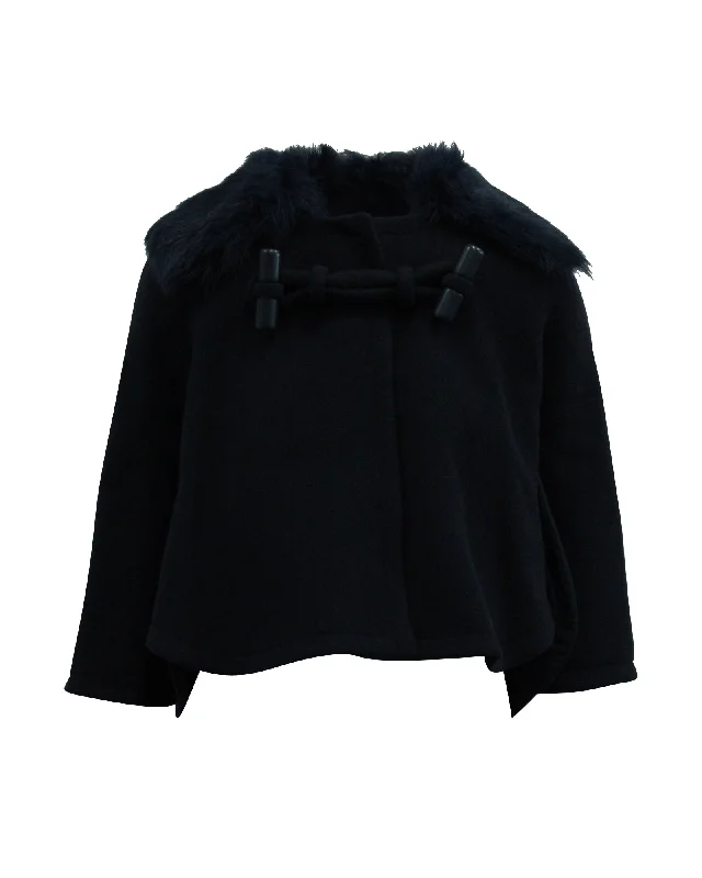 urban style cropped puffer jacket -Chloe Short Coat with Fur Collar in Navy Blue Wool