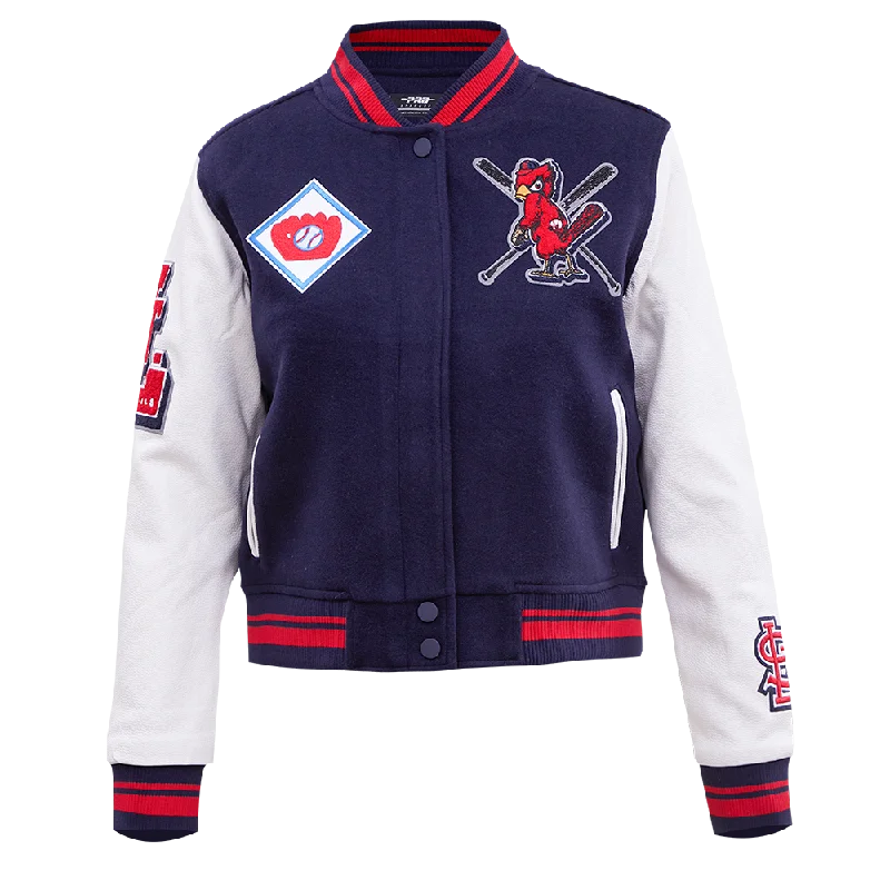 warm down coat for women -MLB ST. LOUIS CARDINALS MASHUP WOMEN'S RIB WOOL VARSITY JACKET (MIDNIGHT NAVY/RED/MIDNIGHT NAVY)