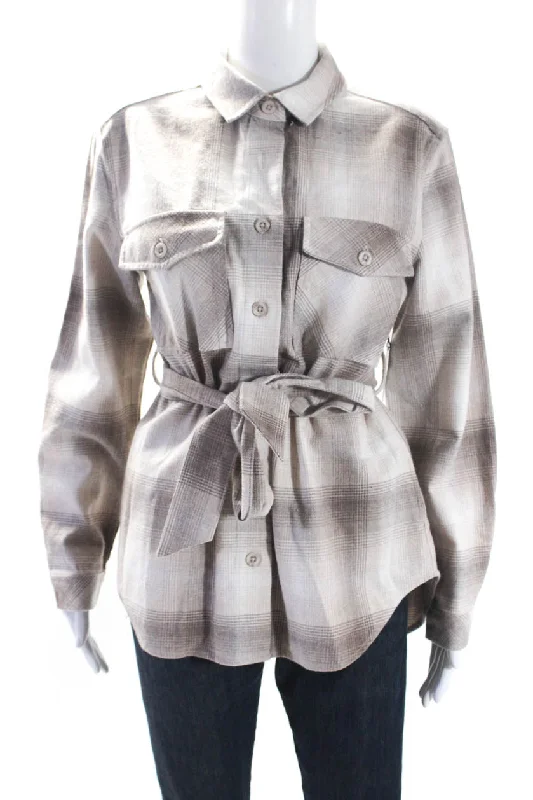 ladies' fleece zip-up jacket -Bella Dahl Womens Cotton Plaid Print Button Collared Belted Jacket Brown