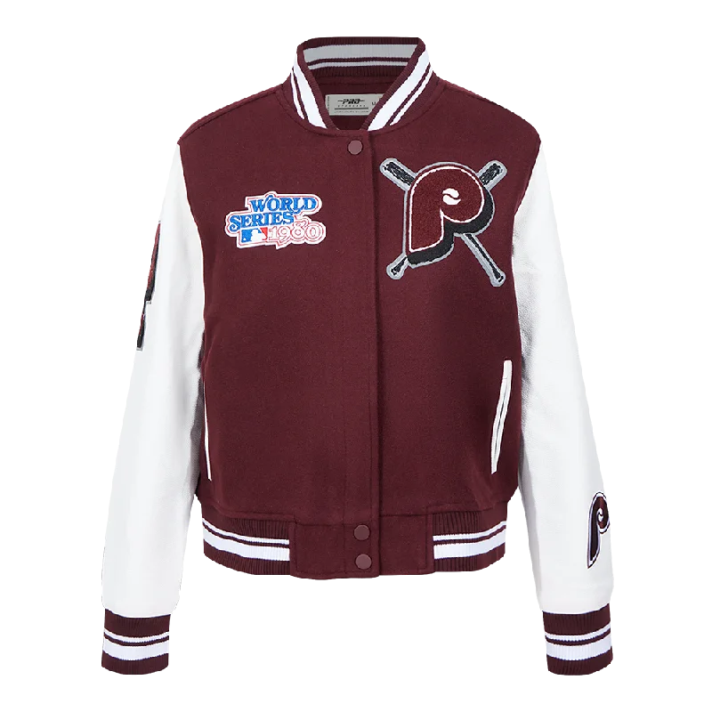 women's faux fur coat -MLB PHILADELPHIA PHILLIES MASHUP WOMEN'S RIB WOOL VARSITY JACKET (WINE/WHITE)