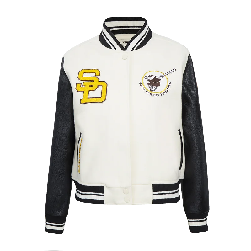 stylish fleece-lined coat for women -MLB SAN DIEGO PADRES RETRO CLASSIC WOMEN'S RIB WOOL VARSITY JACKET (EGGSHELL/ BLACK)