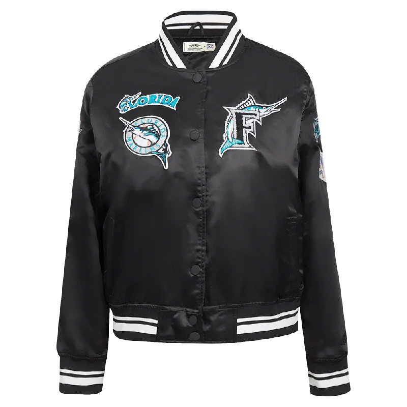 women's faux fur coat -MLB FLORIDA MARLINS RETRO CLASSIC WOMEN'S RIB SATIN JACKET (BLACK)