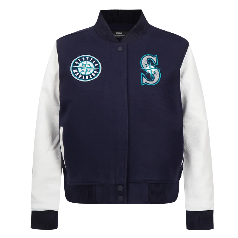 cropped wool blazer for women -MLB SEATTLE MARINERS CLASSIC WOMEN'S WOOL VARSITY JACKET (MIDNIGHT NAVY/WHITE)