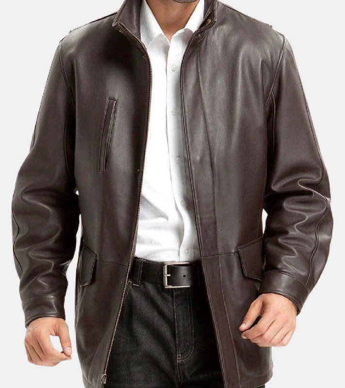 sleek satin bomber jacket for women -Casterial Men's Dark Brown Leather Coat