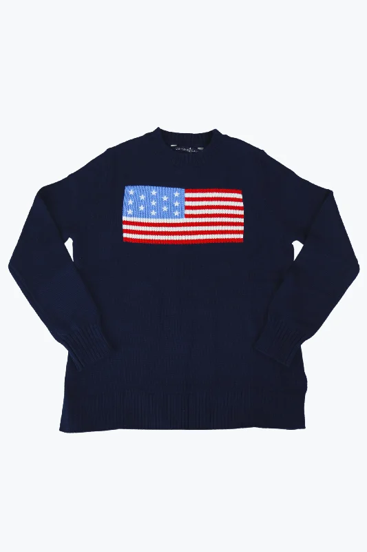 women's ribbed knit top -Navy Casual Crew Flag Sweater