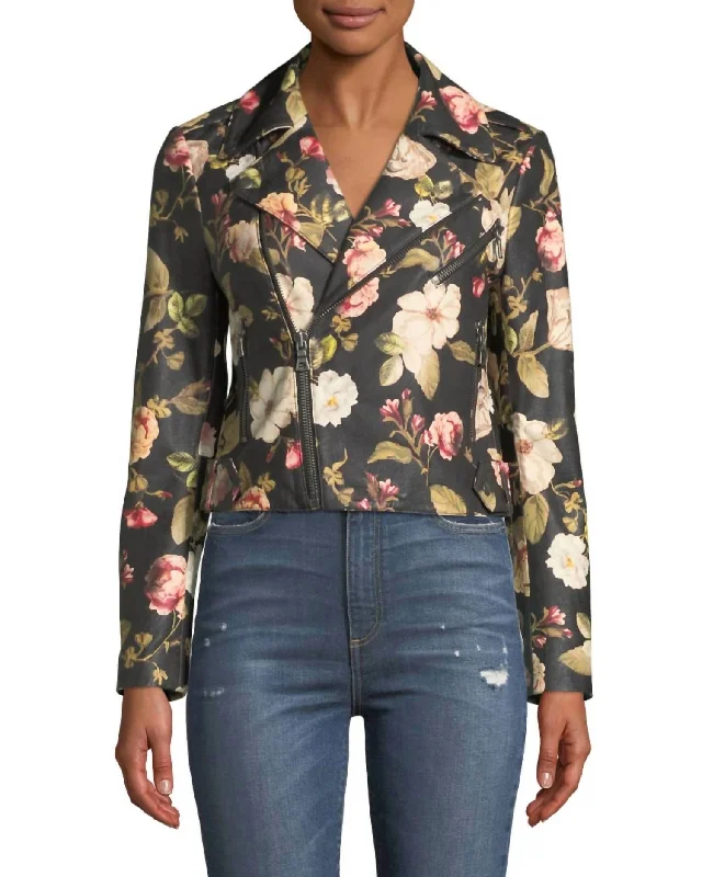 stylish fleece-lined coat for women -Cody Crop Leather Moto Jacket In Black & Floral