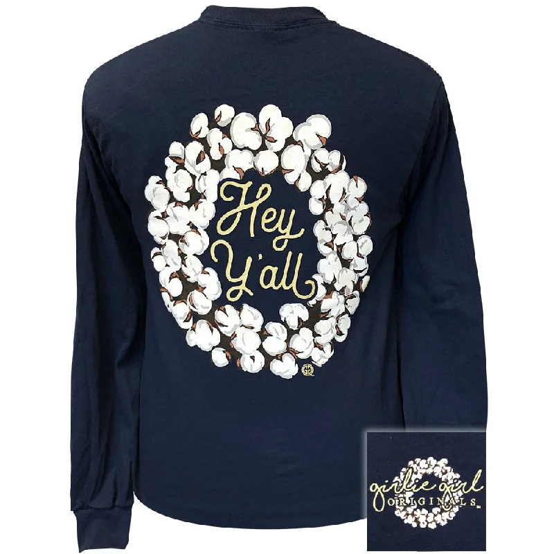 trendy tie-dye t-shirt for ladies -Hey Y'all Wreath-Navy LS-2131