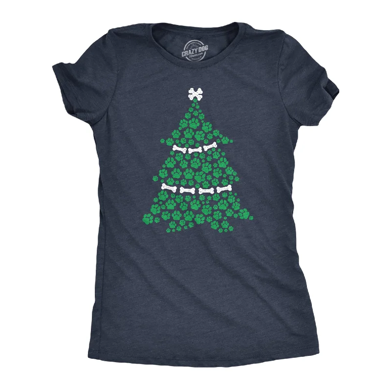 women's off-shoulder knit sweater -Dog Paw Christmas Tree Women's T Shirt