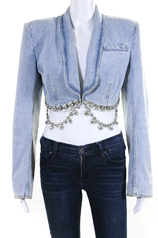 soft touch sherpa coat for women -Area Cropped Rhinestone Jean Jacket