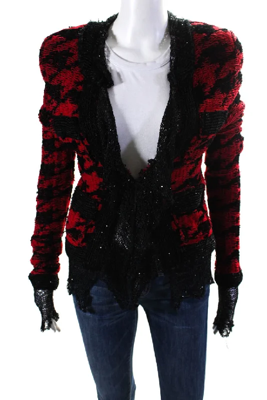 women's faux fur-lined parka -Balmain Women's Open Front Long Sleeves Sequin Pockets Jacket Red Black