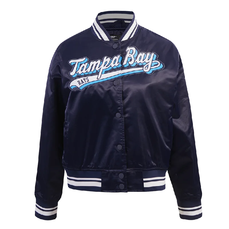 women's sherpa-lined jacket -MLB TAMPA BAY RAYS SCRIPT TAIL WOMEN'S SATIN JACKET (MIDNIGHT NAVY)