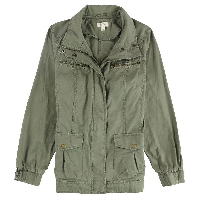 ladies' designer overcoat -Style & Co. Womens Cargo Zip-Front Military Jacket, Green, Medium