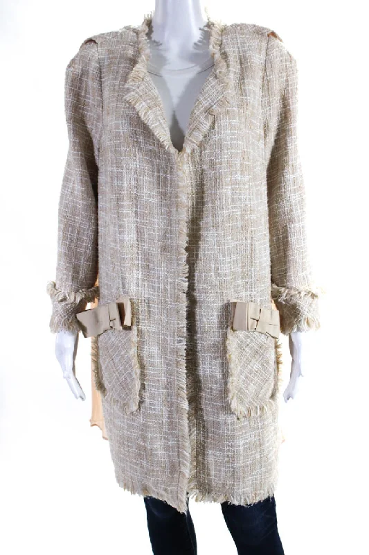 cozy oversized wrap coat for women -Edward Achour Womens Pleated Chiffon Tweed Hook & Eye Jacket Beige Ivory FR 46