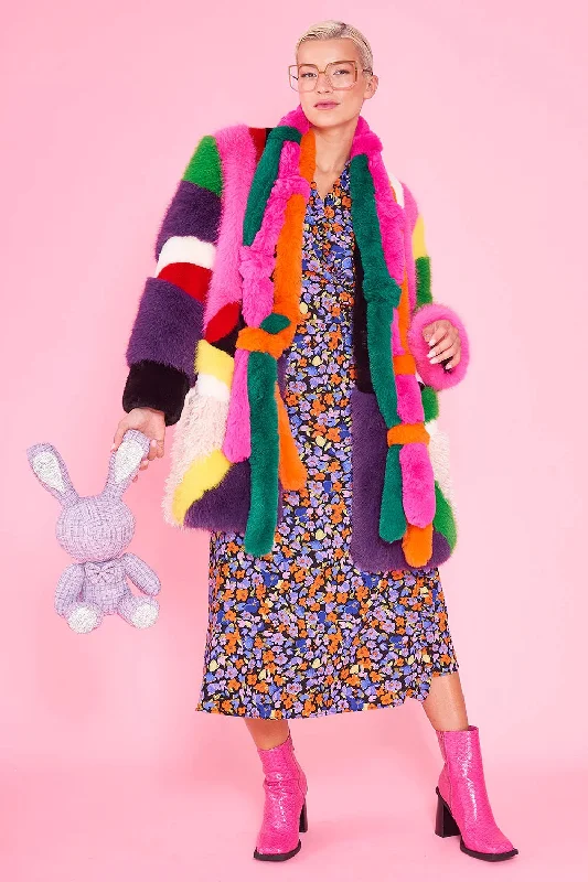 women's teddy bear coat -Rainbow Faux Fur Coat