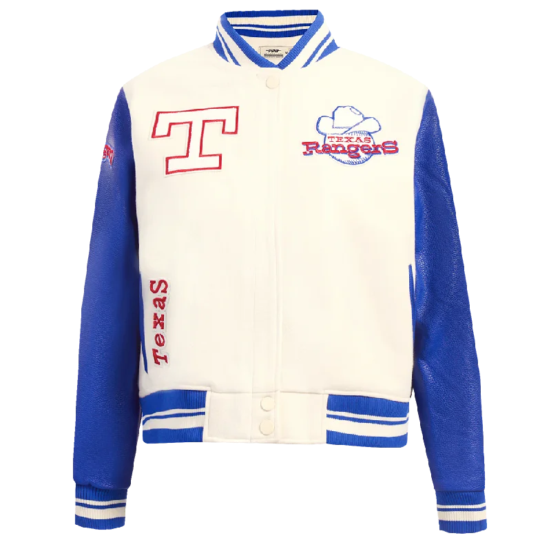 ladies' soft knit cardigan coat -MLB TEXAS RANGERS RETRO CLASSIC WOMEN'S RIB WOOL VARSITY JACKET (EGGSHELL/ROYAL BLUE)