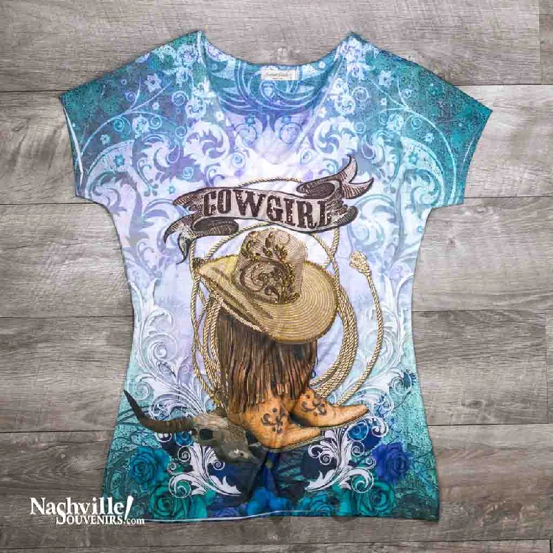 cute button-front blouse for women -Women's "Cowgirl" Boots and Hat Shirt