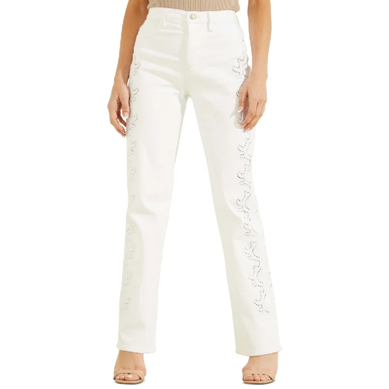 women's distressed mom jeans -GUESS Women's Embroidered Straight Leg Jeans White Size 31X33