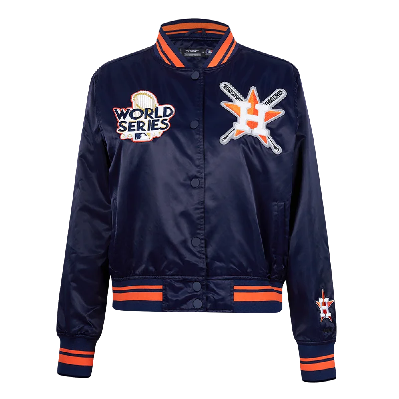 women's cropped bomber jacket -MLB HOUSTON ASTROS MASHUP WOMEN'S RIB SATIN JACKET (MIDNIGHT NAVY/ORANGE/MIDNIGHT NAVY)