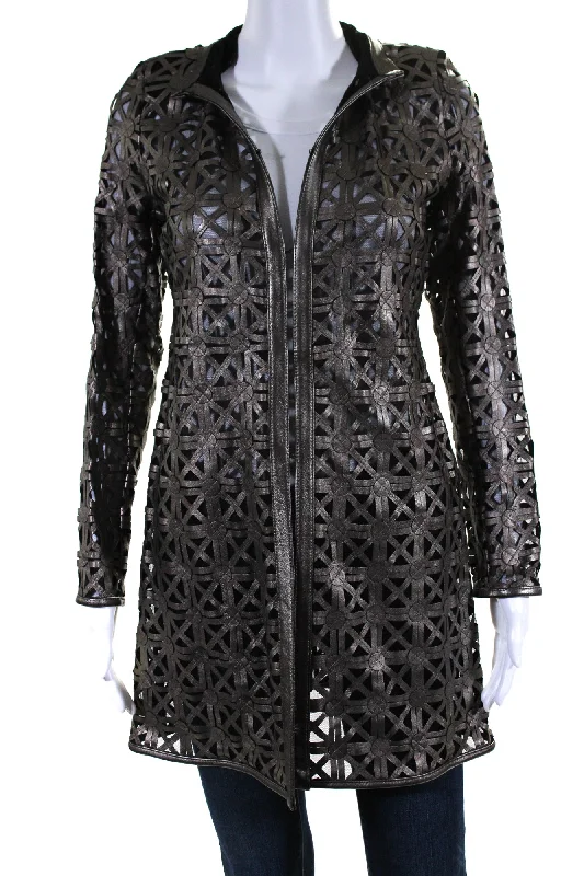 women's outdoor fleece jacket -In Transit Womens Laser Cut Metallic Mesh Leather Jacket Brown Black