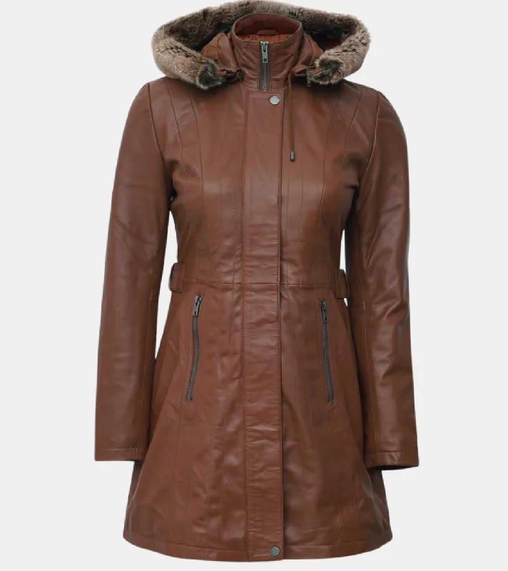 casual oversized shacket for women -Women's Hooded Tan Brown Leather Coat