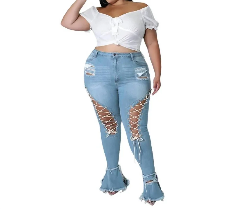 ladies' denim overalls -Lace Up Jeans In Medium Blue