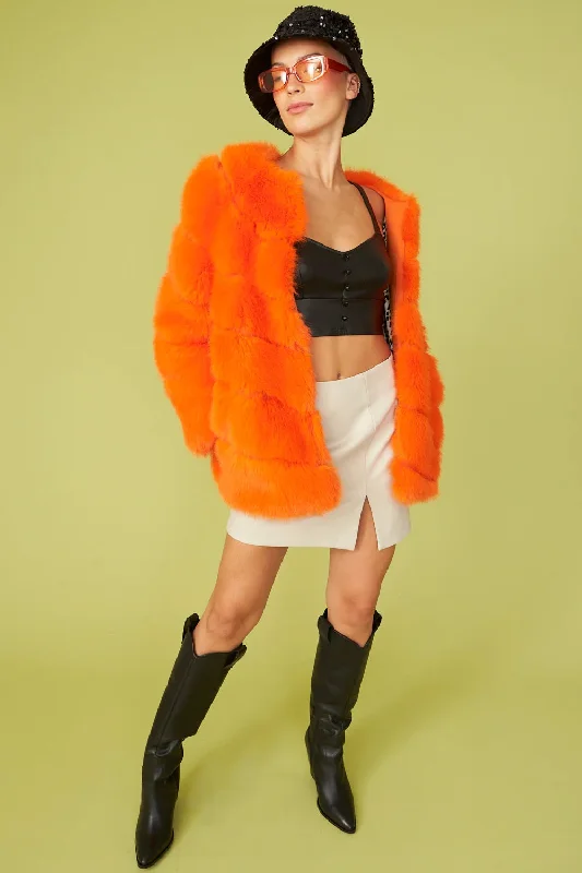 oversized women's coat -Gaga Faux Fur Striped Orange Coat