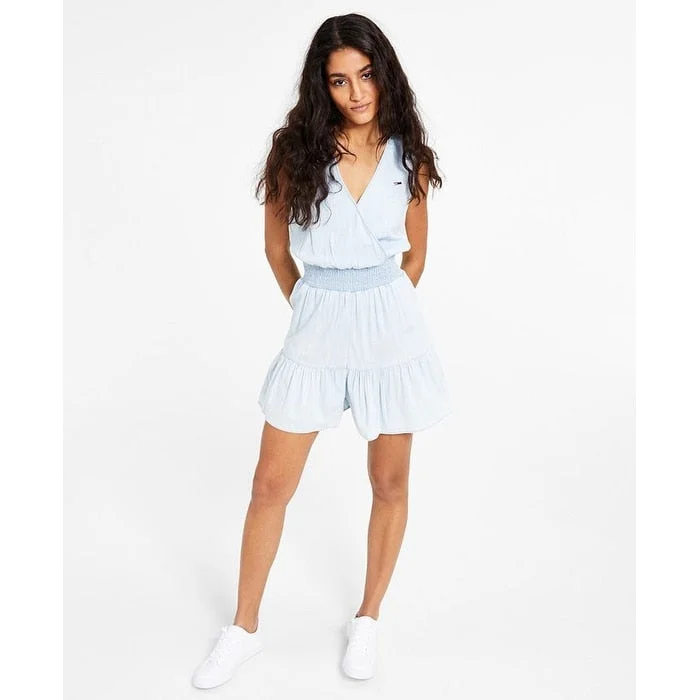 women's vintage denim trousers -Tommy Jeans Women's Smocked Waist Romper Blue Size X-Small - XS