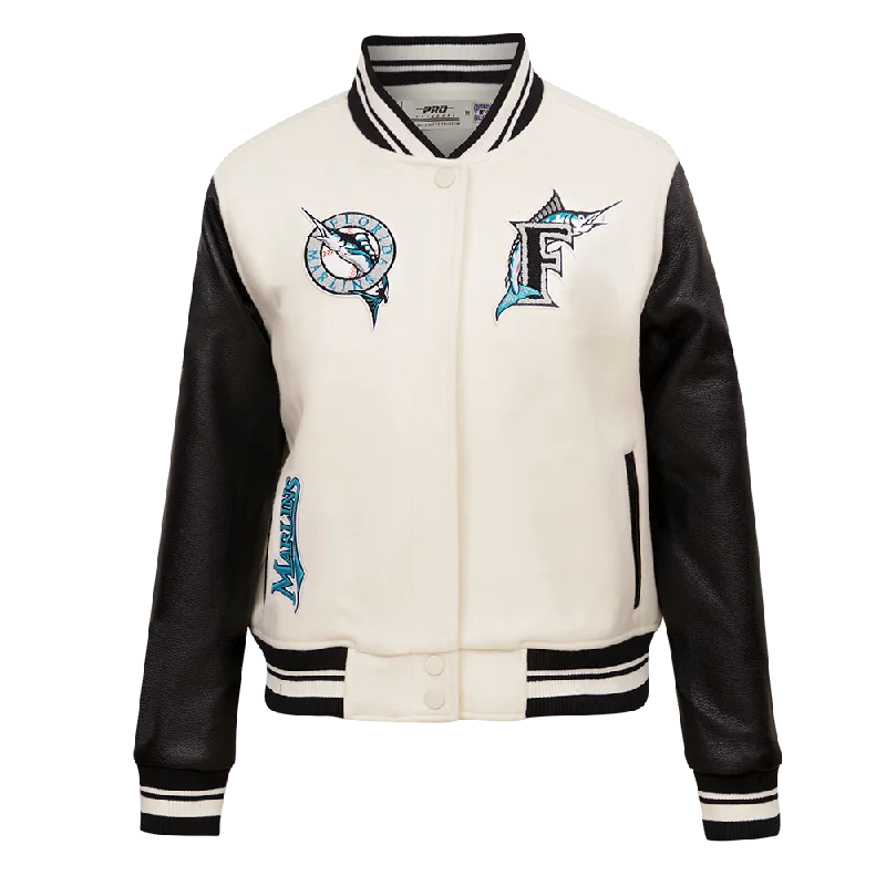 ladies' sporty windbreaker -MLB FLORIDA MARLINS RETRO CLASSIC WOMEN'S RIB WOOL VARSITY JACKET (EGGSHELL/ BLACK)