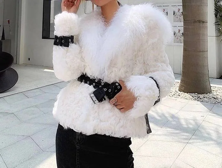 women's elegant cape coat -Mongalian Lamb Fur Sheepskin Leather Belted Coat