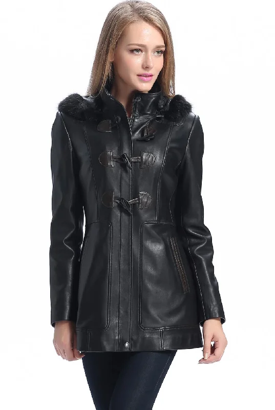 ladies' waterfall drape coat -BGSD Women Amanda Hooded Lambskin Leather Toggle Coat