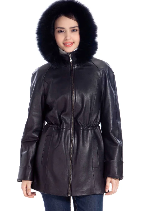 professional work blazer for women -BGSD Women Clare Lambskin Leather Hooded Parka Coat