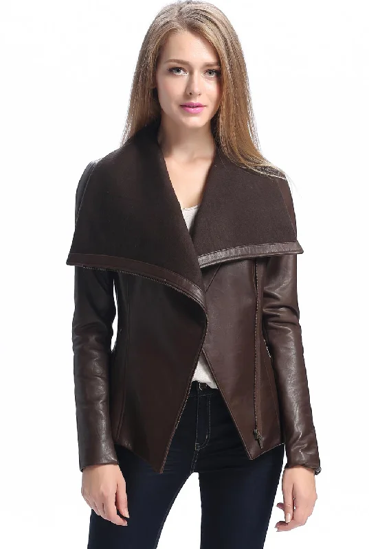 classic camel coat for ladies -BGSD Women Lily Lambskin Leather Drape Jacket