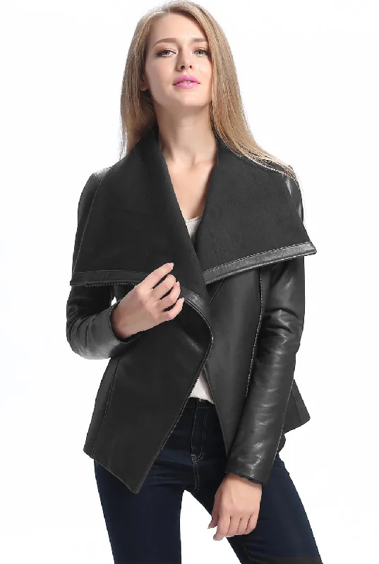 stylish fleece-lined coat for women -BGSD Women Lily Lambskin Leather Drape Jacket