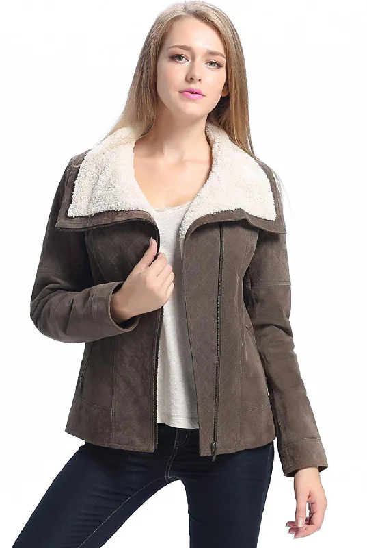 breathable softshell jacket for women -BGSD Women Liza Quilted Sherpa Suede Leather Jacket