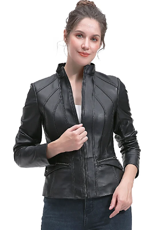 warm shearling coat for women -BGSD Women Kayla Lambskin Leather Scuba Jacket